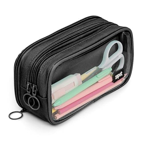 ZIPIT Half & Half Pencil Case, 3-Compartment Aesthetic Zipper Pouch, Black | Clear-front pencil case for school, dedicated organizer panels, holds up to 70 pens & pencils, durable easy-care polyester - Image 1