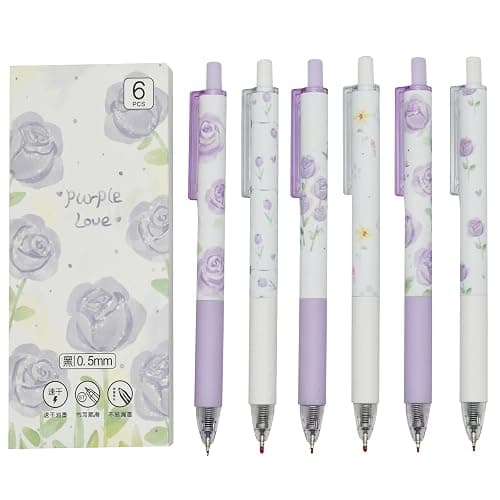 Lopenle 12 Pcs Purple Rose Pens Retractable Flower Gel Pens Black Ink | Pretty Flower Writing Pens for Women Nurse Students School Office Stationery valentines Party Gifts - Image 1