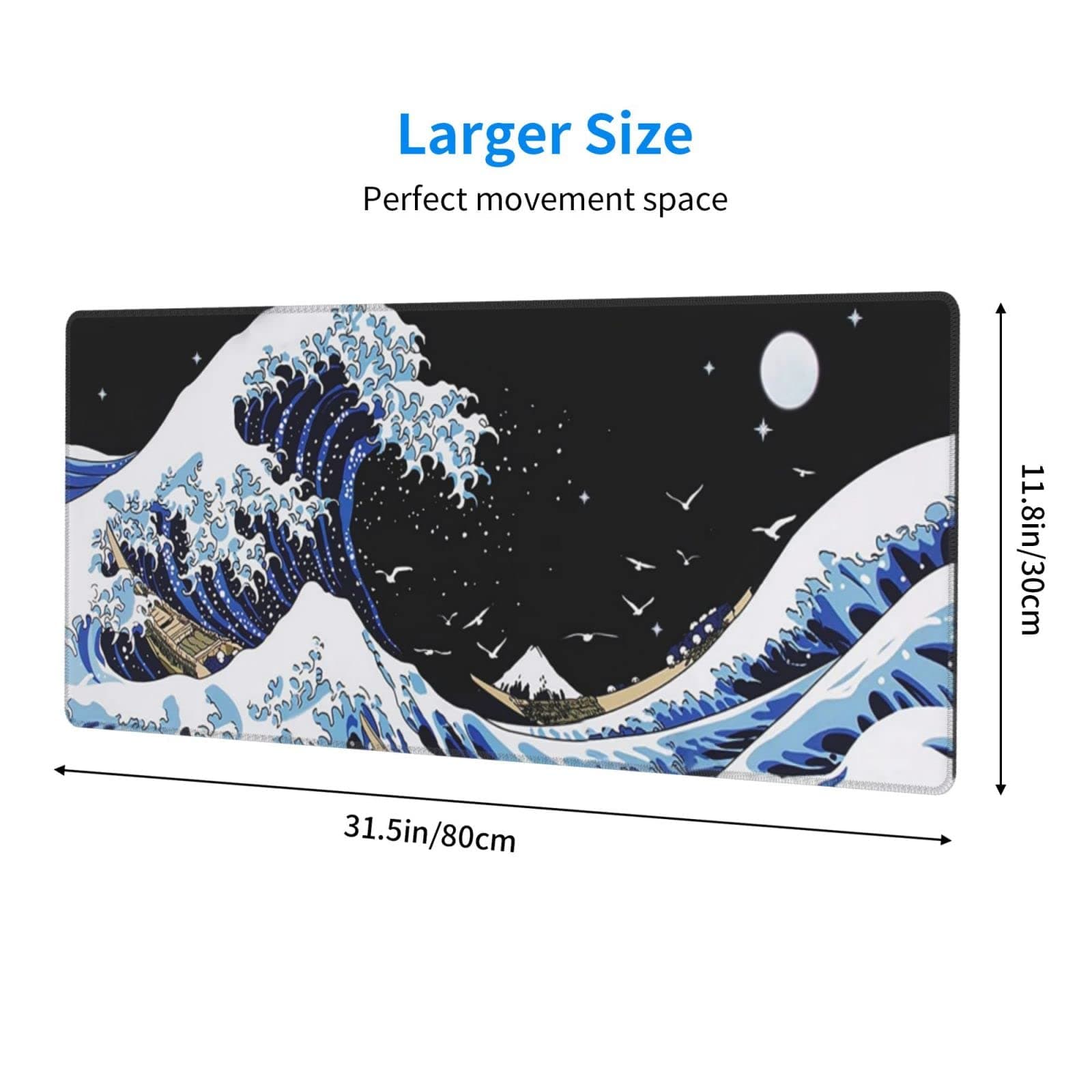Japanese Blue and Black Sea Wave Mouse Pad - Abstract Blue Desk Mat, 31.5x11.8 Inch, Non-Slip Rubber Base, Stitched Edges - Keyboard Mouse Mat for Office, Home, Game thumbnail 4