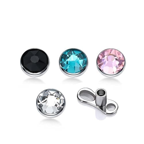 XUU 14G Titanium Dermal Piercing Jewelry Set, 4 Multi-Color Gems Dermal Tops (3/4/5mm) – Safe Sensitive Skin for Face & Body, Base Microdermals Piercing for Women Men thumbnail 4