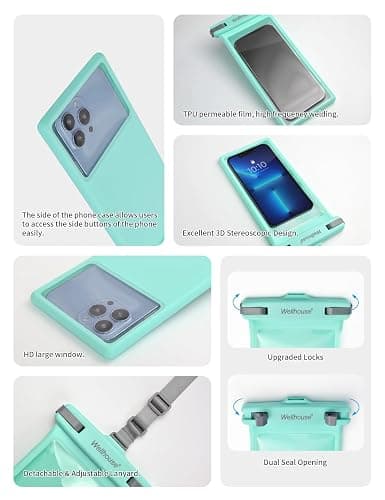 wellhouse Waterproof Phone Pouch, Waterproof Phone Case for iPhone 16 15 14 13 12 Pro Max XS Samsung, IPX8 3D Cellphone Dry Bag Beach Essentials (1 Pack - Crystal Green8.0, 8 inch) thumbnail 5