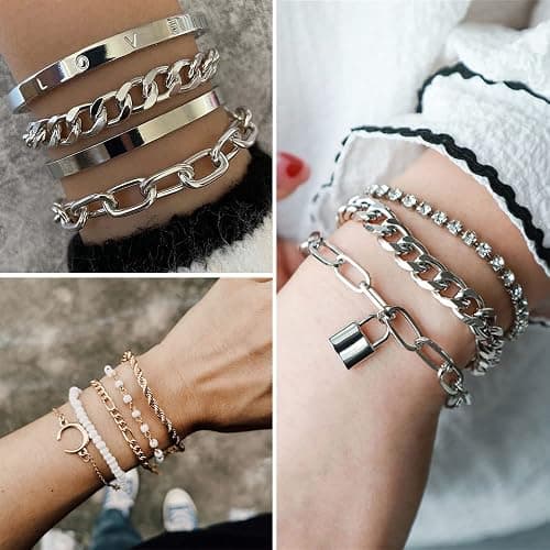 IFKM 36 PC Silver Plated Jewelry Set With 3 Necklace, 12 Bracelet, 7 Ear Cuffs Earring, 14 Knuckle Rings For Women Girls Valentine Anniversary Birthday Friendship Gift thumbnail 4