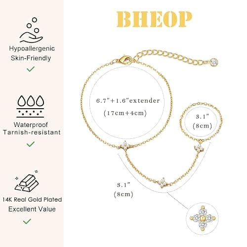 Bheop Bracelets for Women 14K Gold Silver Plated Ring Bracelet Hand Chain Dainty Evil Eye Heart Clover Daisy Cubic Zirconia Stackable Link Chain Hypoallergenic Body Jewelry Cute Trendy Gifts thumbnail 6