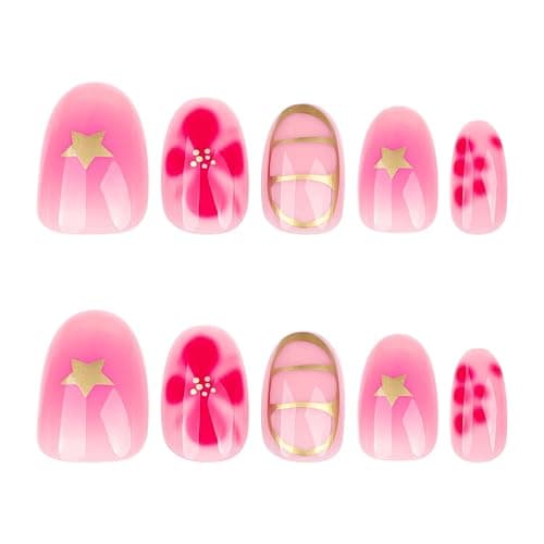 Almond Press on Nails Short Fake Nails Gold Lines Pink False Nails with Flower Designs Glossy Acrylic Nails for Women Girls 24 Pcs thumbnail 5