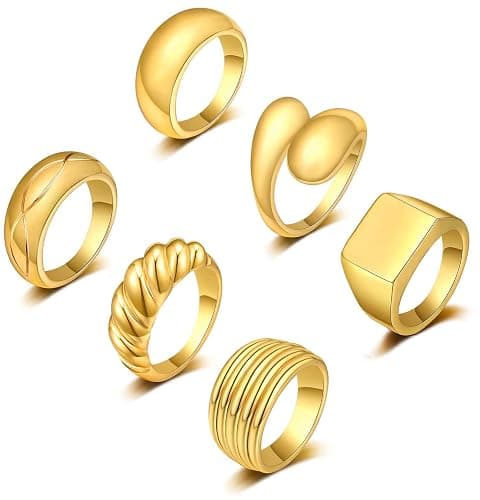 KOHOTA 6PCS Thick Dome Chunky Rings for Women 18K Gold Plated Braided Twisted Signet Ring Big Croissant Ring Minimalist Statement Ring Size 5-9 - Image 1