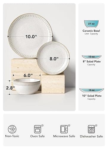 LE TAUCI 24 Piece Dinnerware Sets for 8, Large Plates and Bowls Sets, Ceramic Dishes Set for 8, Modern Stoneware Tableware, Chip Resistant, Ideal for Hosting, Reactive Beige (8"&10" Plate, 27oz Bowl) thumbnail 3