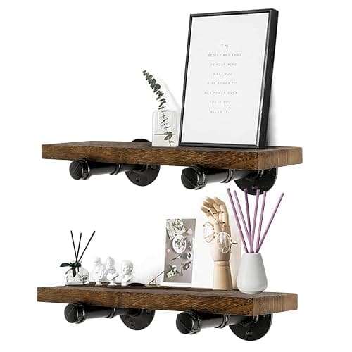 Home TZH Wall Mounted Floating Shelves, Floating Shelves with Industrial Pipe Brackets Set of 2 Rustic Wood Storage Shelf for Bedroom Living Room Bathroom Kitchen Office and More (2, Brown) thumbnail 7