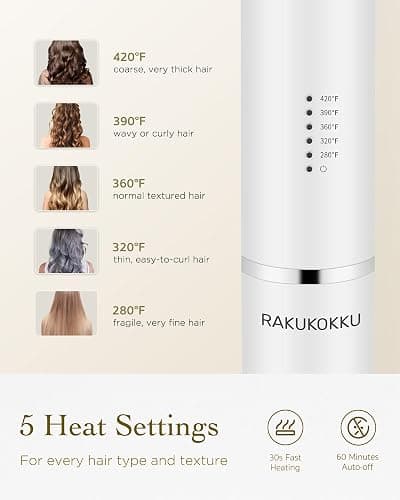 Titanium Curling Iron 1 1/4 Inch, Curling Wand with Clamp for Long Hair, Extra Long Barrel, Dual Voltage, 30s Fast Heating, 5 Temperatures, Auto Shut-Off, Silver+White thumbnail 4