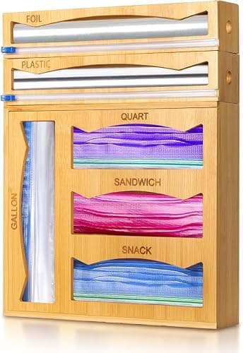 WHOMASS 6-in-1 Magnetic Bamboo Drawer Organizer for Food Bags and Wraps Adjustable Compartment Storage with Dispenser and Cutter Fits Gallon Quart Sandwich and Snack Sizes - Image 1