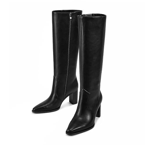 ISNOM Knee High Boots Women Almond Toe Chunky Boots for Women Tall Boots with Full Side Zipper High Heel Long Boots thumbnail 6