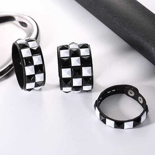 3 Piece Black White Checkered Leather Studded Punk Bracelet, Adjustable Genuine Wristband for Men Women, Gothic Halloween Accessories thumbnail 2