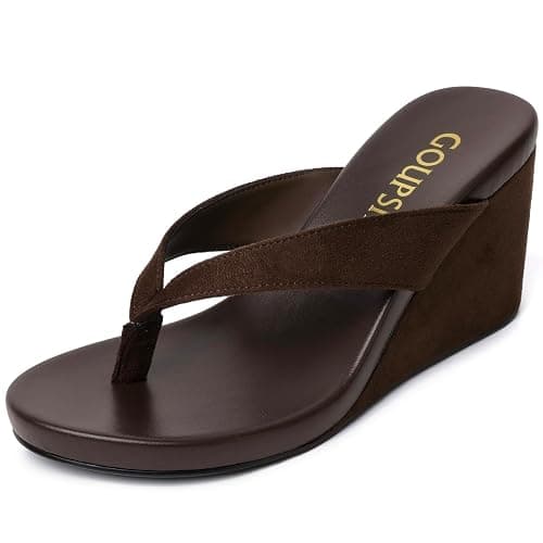 GOUPSKY Suede Wedge Flip Flops for Women Open Round Toe Platform Sandals Slip On Comfortable Wedge Heels Sandals for Summer Vacation Beach Shoes - Image 1