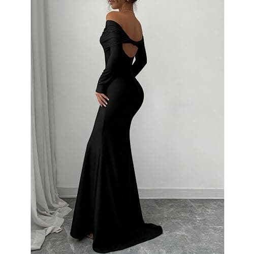 JYIXXZX Robe Femme Sexy Maxi Robes à Épaules Dénudées Elégant Manches Longues Bodycon Robes Longue Chic sans Bretelles Dos Nu Moulante Robe de Soirée Cocktail Nuit Clubbing Fête thumbnail 8