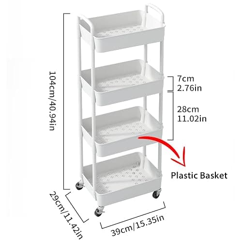 Sywhitta 4-Tier Plastic Rolling Utility Cart with Handle, Multi-Functional Storage Trolley for Office, Living Room, Kitchen, Movable Storage Organizer with Wheels, White thumbnail 3