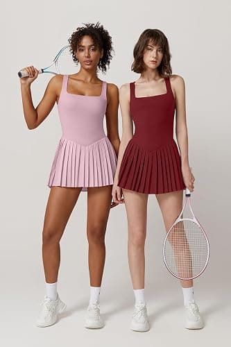 QINSEN Womens Square Neck Tennis Dress Pleated Sleeveless Built in Shorts Golf Athletic Dress with Pockets thumbnail 3