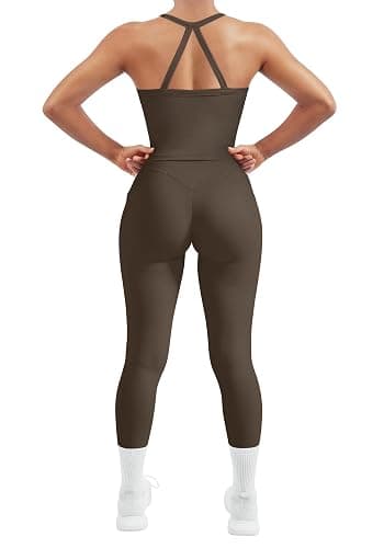 SUUKSESS Women 2 Piece Workout Sets Compression Tummy Control Leggings with Pockets Halter Built in Bra Tank Tops - Image 1