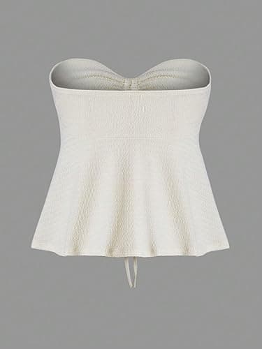 Milumia Women Tie Front Ruched Tube Top Strapless Flared Hem Peplum Bandeau Tops - Small - Beige thumbnail 2