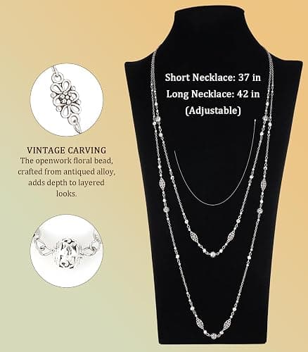 Long Beaded Silver Necklaces for Women Layered Long Statement Necklace with Stone Pearl Beads Double Sweater Chain Costume Jewelry for Women thumbnail 7