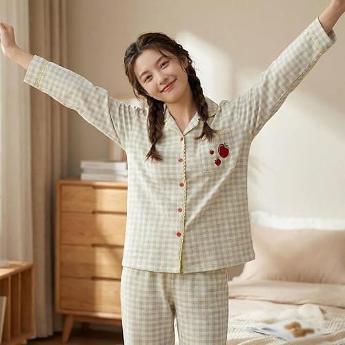 Neglance Cute Gingham Pajama Sets Women Girls Soft 2 Piece Sleepwear Long Sleeve Loungewear with Apple Embroidery Daily Wear thumbnail 5