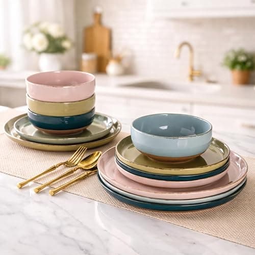 AmorArc Dinnerware Sets for 4, 12 Pieces Ceramic Plates and Bowls Set | Scratch Resistant Stoneware Dishes Set, Dishwasher & Microwave Safe, Colorful thumbnail 5