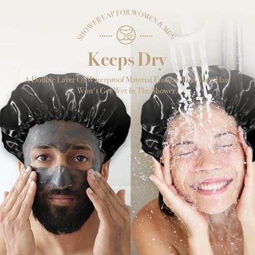 Extra Large Reusable Shower Cap for Men, Women (Black 4 Pack ) Satin Double Layer EVA Waterproof Long Hair Cap thumbnail 2