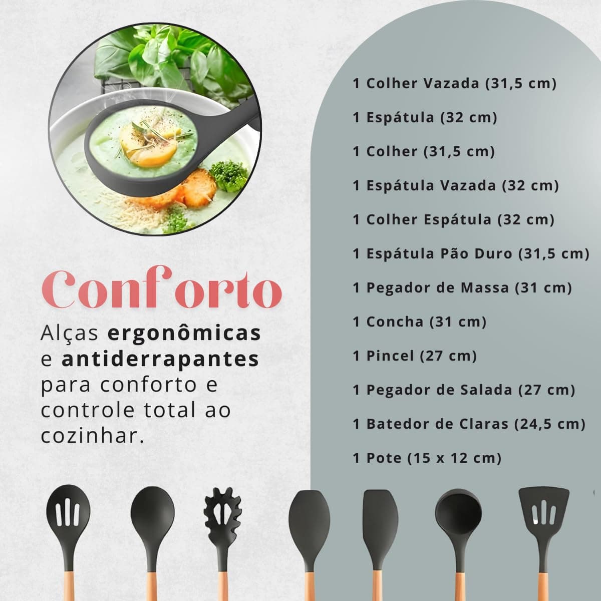 Conjunto de Utensílios de Cozinha, 12 Peças, Silicone e Madeira, Design Ergonômico, Antiderente e Resistente ao calor (Caqui) thumbnail 3