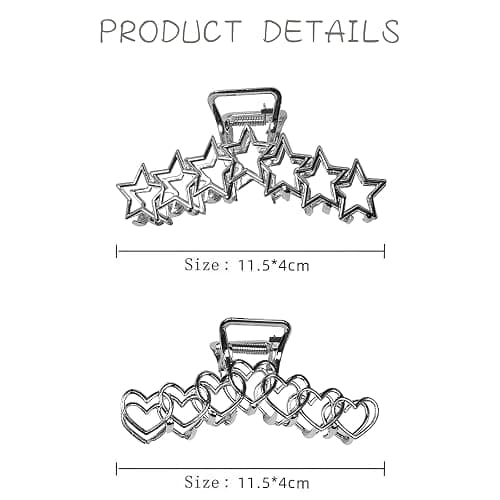 VOTACOS 2PCS Y2k Metal Hair Claw Clips Star Heart Hair Clips for Women Big Nonslip Design Claw Hair Clips for Thick and Thin Hair Stitching Silver Large Hair Accessories for Women and Girls. thumbnail 2