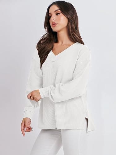 ANRABESS Oversized Long Sleeve Shirts for Women Off the Shoulder Sweatshirt Loose V Neck Tunic Tops High Low Sweater 2025 thumbnail 8