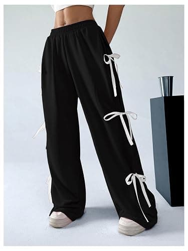 Verdusa Women's Baggy Sweatpants Elastic Waist Casual Bow Wide Leg Pants with Pocket Y2K Going Out Travel Pants thumbnail 5