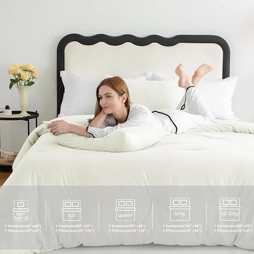 CozyLux Queen Comforter Set Ivory, 3 Pieces Solid Breathable Quilted Style Bedding Sets for Girls, Luxury Soft Microfiber Down Alternative Comforter Bet Set All Season (1 Comforter & 2 Pillowcases) thumbnail 7
