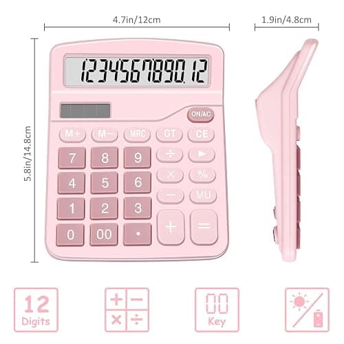 Calculators, Splaks 2 Pack Standard Functional Desktop Calculators Sola and AA Battery Dual Power Electronic Basic Calculator with 12-Digit Large Display for Office, Home, School (1 Blue & 1 Pink) - 1 Blue & 1 Pink thumbnail 4