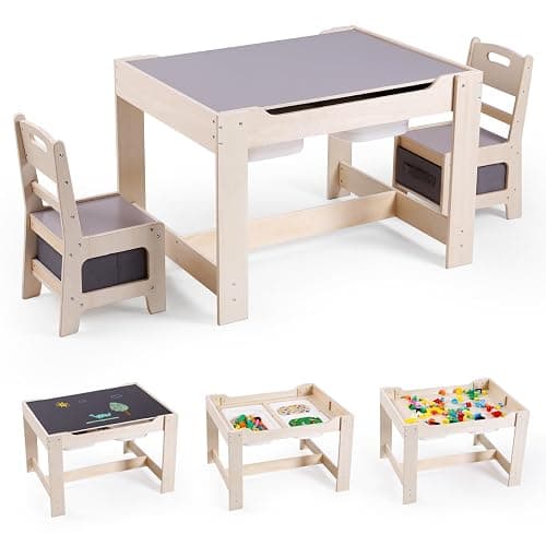 Rinnebbit 4 in 1 Toddler Table and Chair Set, Wood Kids Activity Play with Toy Storage, 2 Drawers, Detachable Tabletop for Crafting, Reading, Dining, Sensory Table w/Bins for Home, Nursery (Natural) - Image 1