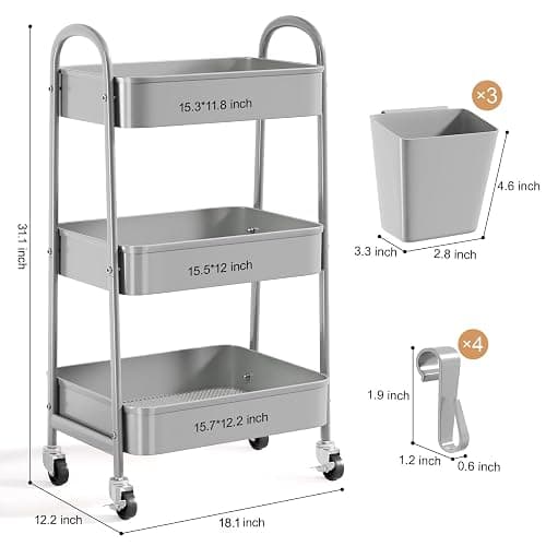 3 Tier Gray Metal Rolling Cart, Mesh Storage Cart with Handle and Lockable Wheels, Multifunctional Three Tiered Utility Organizer Carts for Kitchen, Office, Bathroom, Craft, Art, Snack, Baby Supplies thumbnail 3