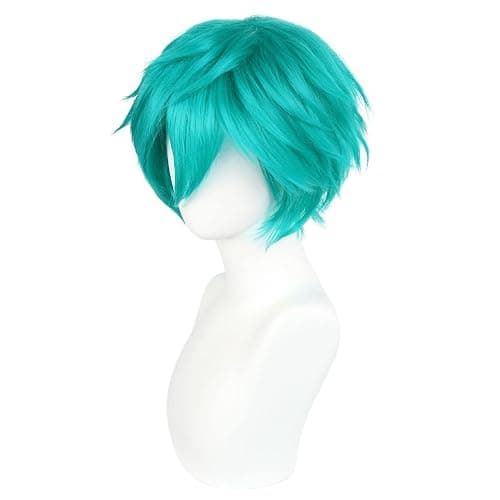 ANOGOL Hair Cap + Short Teal Green Men's Cosplay Turquoise Wig for Cosplay Men Teal Bluish Green Wigs for Halloween Christmas Event Costume Party thumbnail 3