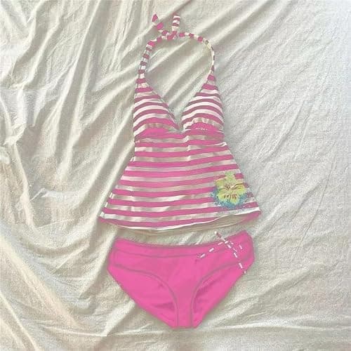 Summer 2 Piece Stripe Beach Bikini Set Y2k Sexy Floral Print Halter Neck Swimsuit Set 2000s Aesthetic Streetwear thumbnail 3