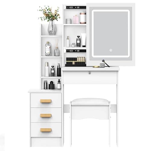 Dressing Table with LED Lights, Vanity Table with Mirror, Makeup Vanity with 4 Open Shelves & 3 Hidden Shelves, 4 Drawers, Stool, Modern Makeup Desk with Sliding Mirror and Lights, White (With LED) thumbnail 3