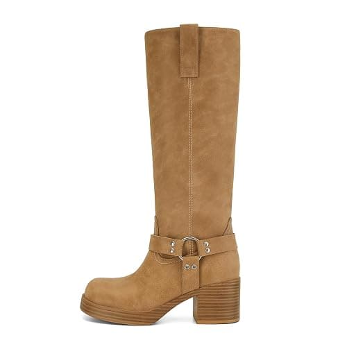 Dsevht Leather Knee High Chunky Platform Heeled Long Boots for Women: Round Toe GoGo Riding Motocycle Boots - Image 1