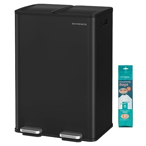 SONGMICS Kitchen Bin, 2 x 8 Gallon (2 x 30 L) Dual-Compartment Pedal Rubbish Bin with Soft-Close Lid and Inner Buckets, Steel, Includes 15 Liner Bags, Ink Black LTB741B02 - Image 1