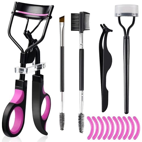 Eyelash Curlers Eyebrow Brush Kit for Women w Lash Curler, Eyelash Comb Seperator, Mascara Brushes, Eyelash Extension Tweezers, Angled Eyebrow Brush and Comb, 10 Silicone Refills Pads for Lash & Brow - Image 1