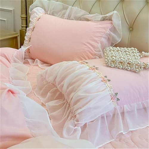 MOOWOO Pink Bedding-Romantic Ruffle Lace Bedding Set 3 Piece Comforter Queen Duvet Cover with Zipper Closure,Coquette Room Decor-Pink,Queen Size - Pink - Queen thumbnail 3