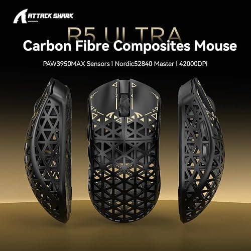ATTACK SHARK R5Ultra 8K Carbon Fiber Wireless Gaming Mouse with 42000 DPI -PAW3950 MAX Sensor -39g Ultra-Lightweight-Nordic 52840 MCU Chip-Wired/BT/2.4GHz Wirelss Programmable Mouse for PC/Mac (Black) thumbnail 3