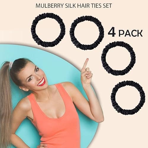 SEMRUE 22 Momme 100% Pure Mulberry Silk Scrunchies (4 PCS) - Small Hair Elastics and Ties for Women, Sleep Hair Care, No Damage, Black thumbnail 3