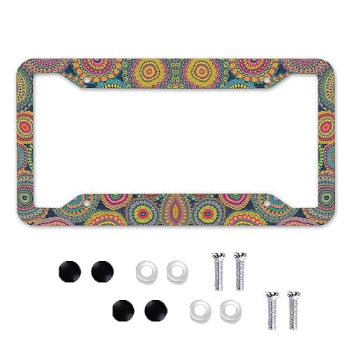 Colorful Mandala Pattern Aluminum License Plate Frame - 6x12 Inch US Standard, with Mounting Screws, Bohemian Auto Accessory - Image 1