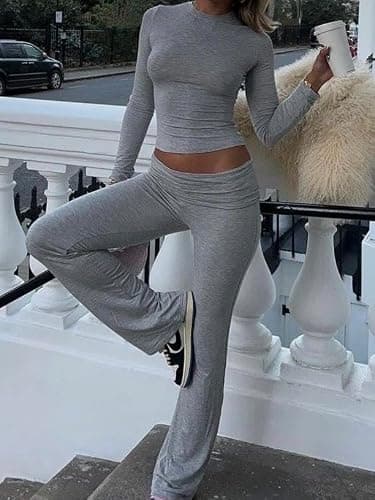 AYWA Women's 2 Piece Outfits Foldover Flare Pants Long Sleeve Crew Neck T-shirt Fitted Pajama Sets thumbnail 3