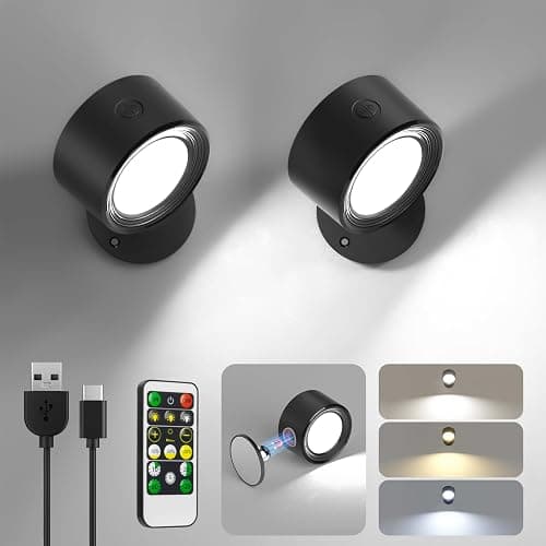 Lightbiz LED Wall Mounted Lights 2 Pcs with Remote, Wall Sconces Lamp 3000mAh Rechargeable Battery Operated, 3 Color Temperatures & Dimmable Magnetic 360° Rotation Cordless Light for Bedroom Bedside - Black-3 Color Temp Light - 2 Pcs thumbnail 7
