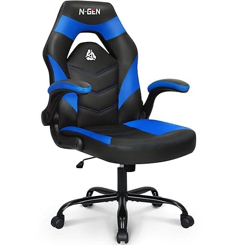 N-GEN Video Gaming Chair Ergonomic Computer Desk Office Chair with Lumbar Support Adjustable Height Swivel Wheels Flip-Up Arms PU Leather Home and Office (Blue) - Blue