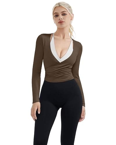 SUUKSESS Women Pilates Wrap Workout Cropped Top Ribbed Long Sleeve V Neck Tie Front Ballet Yoga Shrug Blouse thumbnail 2