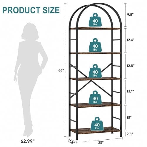 Shintenchi Bookshelf, Arched Bookshelf 5 Tier Bookcase, Tall Shelf for CDs/Books, Home Office Shelf Storage Organizer, Modern Book Shelf for Bedroom/Living Room, Rustic Brown thumbnail 2
