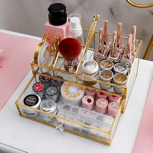 YUEHUA Glass Makeup Organizer, Clear Makeup Brush Organizer Jewelry Display Box, Gold Makeup Nail Polish Lipsticks Eyeliners Holder Organizer for Vanity Bathroom Office thumbnail 7
