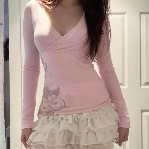 Womens Y2k Floral Print Tops V Neck Grunge Vintage Long Sleeve T-Shirts Emo Graphic Cute Silm Fit Clothes thumbnail 4